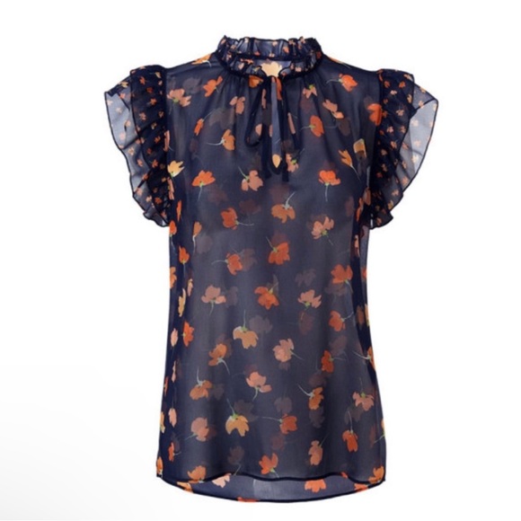 CAbi Tops - Cabi Sheer Navy Floral Flutter Sleeve Top #5522